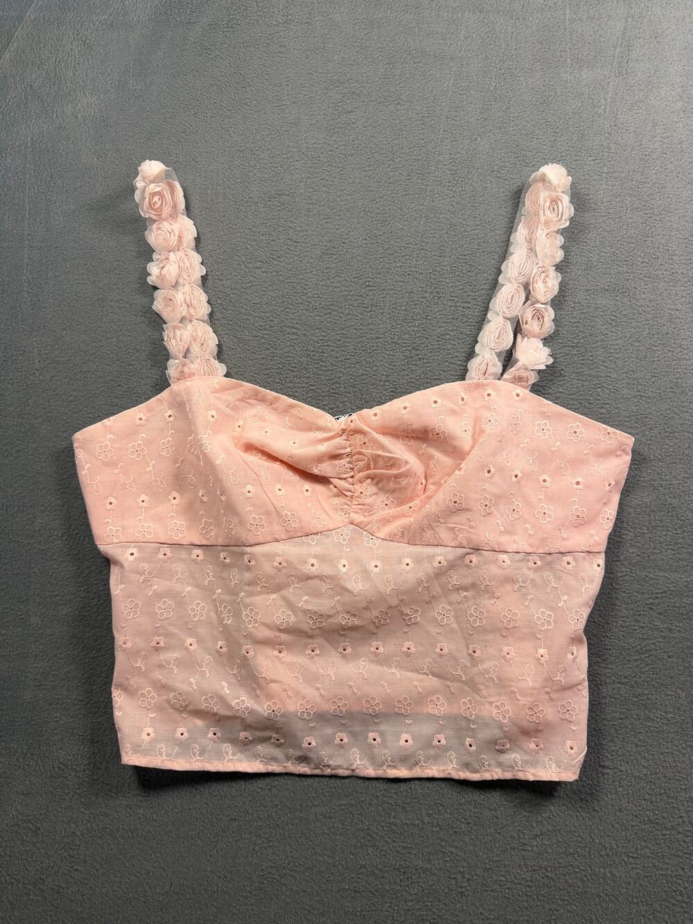 Princess Polly Pink Eyelet Floral Ruched Rosette Strap Crop Corset Top Size 12